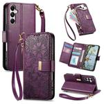 For Samsung Galaxy A15 Flowers Leaves Zipper Wallet Leather Phone Case with Strap(Purple)