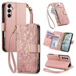 For Samsung Galaxy A15 Flowers Leaves Zipper Wallet Leather Phone Case with Strap(Pink)