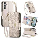 For Samsung Galaxy A15 Flowers Leaves Zipper Wallet Leather Phone Case with Strap(Khaki)