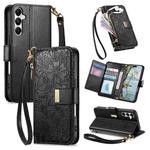 For Samsung Galaxy A15 Flowers Leaves Zipper Wallet Leather Phone Case with Strap(Black)