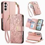 For Samsung Galaxy A16 Flowers Leaves Zipper Wallet Leather Phone Case with Strap(Pink)