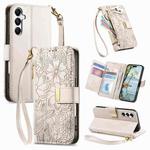 For Samsung Galaxy A16 Flowers Leaves Zipper Wallet Leather Phone Case with Strap(Khaki)
