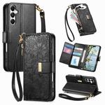 For Samsung Galaxy A16 Flowers Leaves Zipper Wallet Leather Phone Case with Strap(Black)