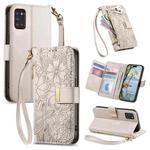 For Samsung Galaxy A31 Flowers Leaves Zipper Wallet Leather Phone Case with Strap(Khaki)