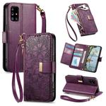 For Samsung Galaxy A51 5G Flowers Leaves Zipper Wallet Leather Phone Case with Strap(Purple)
