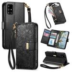 For Samsung Galaxy A51 5G Flowers Leaves Zipper Wallet Leather Phone Case with Strap(Black)
