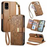 For Samsung Galaxy A71 Flowers Leaves Zipper Wallet Leather Phone Case with Strap(Brown)