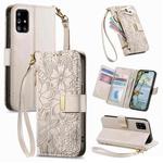 For Samsung Galaxy A71 Flowers Leaves Zipper Wallet Leather Phone Case with Strap(Khaki)