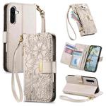 For Samsung Galaxy A35 5G Flowers Leaves Zipper Wallet Leather Phone Case with Strap(Khaki)
