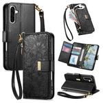 For Samsung Galaxy A35 5G Flowers Leaves Zipper Wallet Leather Phone Case with Strap(Black)