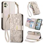 For Samsung Galaxy A06 Flowers Leaves Zipper Wallet Leather Phone Case with Strap(Khaki)