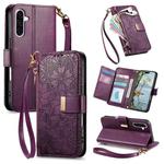 For Samsung Galaxy M36 5G Flowers Leaves Zipper Wallet Leather Phone Case with Strap(Purple)
