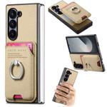 For Samsung Galaxy Z Fold5 5G Twill Fabric Card Bag Ring Magnetic Back Phone Case(Khaki)