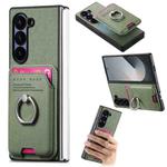 For Samsung Galaxy Z Fold6 5G Twill Fabric Card Bag Ring Magnetic Back Phone Case(Green)