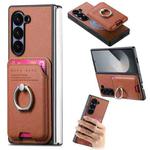 For Samsung Galaxy Z Fold6 5G Twill Fabric Card Bag Ring Magnetic Back Phone Case(Brown)