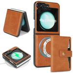 For Samsung Galaxy Z Flip6 Kalebol Magnetic Button Card Bag MagSafe Ring Leather Phone Case(Brown)