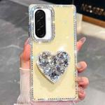 For Samsung Galaxy A26 5G Diamond Glitter Gemstone Heart Holder Phone Case(Light Yellow)