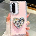 For Samsung Galaxy A36 5G Diamond Glitter Gemstone Heart Holder Phone Case(Light Pink)