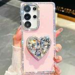 For Samsung Galaxy S25 Ultra 5G Diamond Glitter Gemstone Heart Holder Phone Case(Light Pink)