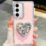For Samsung Galaxy S24 FE 5G Diamond Glitter Gemstone Heart Holder Phone Case(Light Pink)