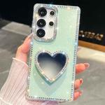 For Samsung Galaxy S25 Ultra 5G Diamond Glitter Mirror Heart Holder Phone Case(Light Green)