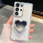 For Samsung Galaxy S25 Ultra 5G Diamond Glitter Mirror Heart Holder Phone Case(Transparent)