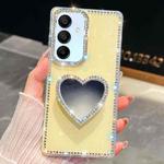 For Samsung Galaxy A15 5G Diamond Glitter Mirror Heart Holder Phone Case(Light Yellow)