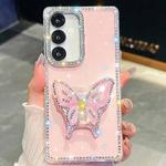 For Samsung Galaxy A36 5G Diamond Glitter Butterfly Holder Phone Case(Light Pink)