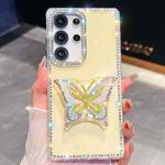 For Samsung Galaxy S25 Ultra 5G Diamond Glitter Butterfly Holder Phone Case(Light Yellow)
