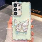 For Samsung Galaxy S25 Ultra 5G Diamond Glitter Butterfly Holder Phone Case(Light Green)