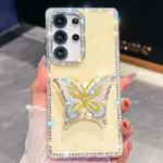 For Samsung Galaxy S23 Ultra 5G Diamond Glitter Butterfly Holder Phone Case(Light Yellow)