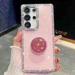 For Samsung Galaxy S23 Ultra 5G Diamond Glitter Diamond Round Holder Phone Case(Light Pink)