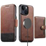 For iPhone 14 Suteni Q06S1 3-in-1 Splicing Detachable Wallet MagSafe Leather Phone Case(Brown)