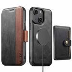 For iPhone 15 Plus Suteni Q07S1 3-in-1 Detachable Wallet MagSafe Splicing Leather Phone Case(Black)