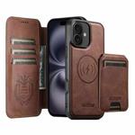For iPhone 16 Suteni Q05S2 3-in-1 Detachable Vertical Flip Wallet MagSafe Leather Phone Case(Brown)