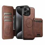 For iPhone 15 Pro Suteni Q05S2 3-in-1 Detachable Vertical Flip Wallet MagSafe Leather Phone Case(Brown)