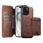 For iPhone 15 Plus Suteni Q05S2 3-in-1 Detachable Vertical Flip Wallet MagSafe Leather Phone Case(Brown)