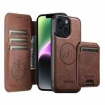For iPhone 14 Suteni Q05S2 3-in-1 Detachable Vertical Flip Wallet MagSafe Leather Phone Case(Brown)