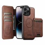 For iPhone 14 Pro Max Suteni Q05S2 3-in-1 Detachable Vertical Flip Wallet MagSafe Leather Phone Case(Brown)