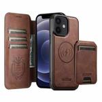 For iPhone 12 Suteni Q05S2 3-in-1 Detachable Vertical Flip Wallet MagSafe Leather Phone Case(Brown)