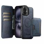 For iPhone 16 Suteni Q05S3 3-in-1 Detachable Vertical Flip Wallet MagSafe Leather Phone Case(Blue)