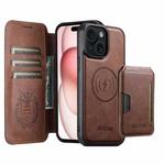For iPhone 15 Plus Suteni Q05S3 3-in-1 Detachable Vertical Flip Wallet MagSafe Leather Phone Case(Brown)