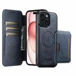 For iPhone 15 Plus Suteni Q05S3 3-in-1 Detachable Vertical Flip Wallet MagSafe Leather Phone Case(Blue)