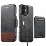 For iPhone 16 Plus Suteni Q06S2 3-in-1 Detachable Vertical Flip Wallet MagSafe Splicing Leather Phone Case(Black)