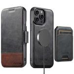 For iPhone 13 Pro Suteni Q06S2 3-in-1 Detachable Vertical Flip Wallet MagSafe Splicing Leather Phone Case(Black)