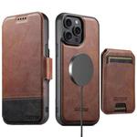 For iPhone 13 Pro Suteni Q06S2 3-in-1 Detachable Vertical Flip Wallet MagSafe Splicing Leather Phone Case(Brown)