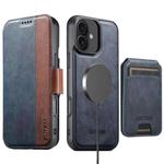 For iPhone 16 Plus Suteni Q07S2 3-in-1 Detachable Vertical Flip Wallet MagSafe Splicing Leather Phone Case(Blue)