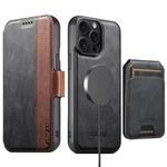 For iPhone 15 Pro Suteni Q07S2 3-in-1 Detachable Vertical Flip Wallet MagSafe Splicing Leather Phone Case(Black)
