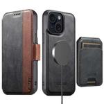 For iPhone 15 Plus Suteni Q07S2 3-in-1 Detachable Vertical Flip Wallet MagSafe Splicing Leather Phone Case(Black)