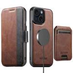 For iPhone 15 Suteni Q07S2 3-in-1 Detachable Vertical Flip Wallet MagSafe Splicing Leather Phone Case(Brown)